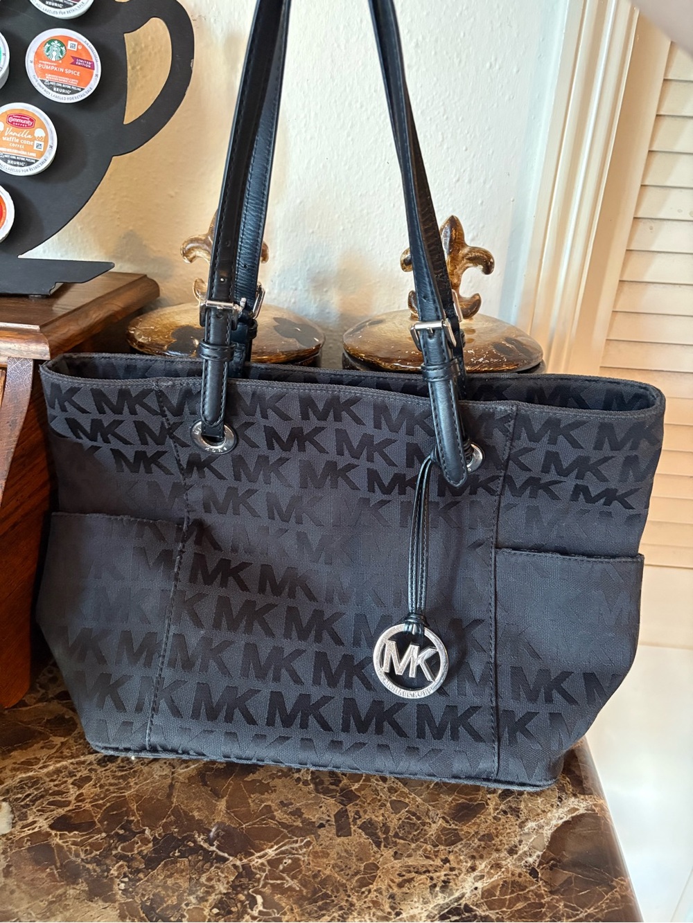 Michael Kors Black MK Signature Tote with Silver Charm